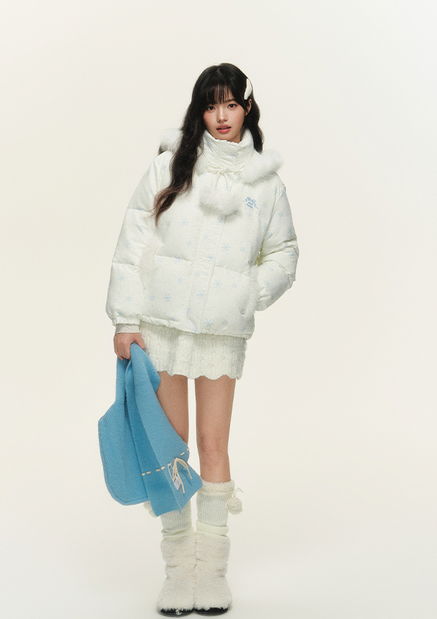 Snowflake Pattern Fur Hoodie Down Jacket NTO0153