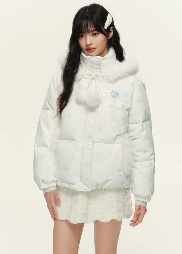 Snowflake Pattern Fur Hoodie Down Jacket NTO0153