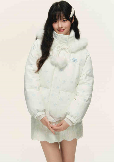 Snowflake Pattern Fur Hoodie Down Jacket NTO0153