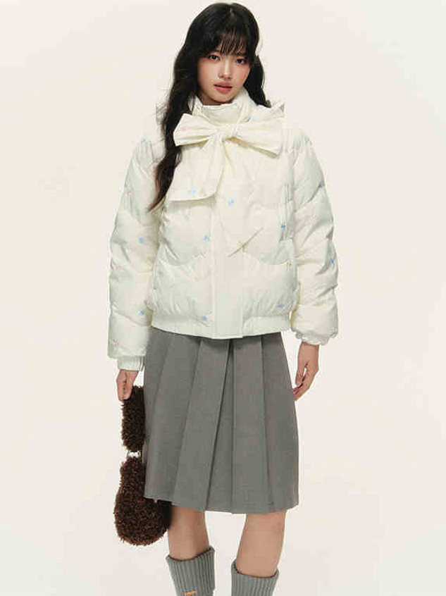 Ribbon Tie Design Hooded Girly Down Jacket NTO0155