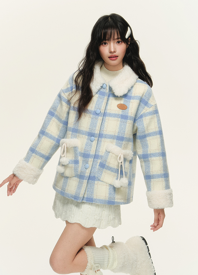 Lined quilted plaid jacket with fur collar and pocket design NTO0156