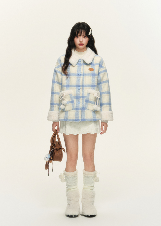 Lined quilted plaid jacket with fur collar and pocket design NTO0156