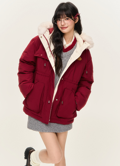 Big Fur Hood Waist Drawstring Warm Jacket NTO0157