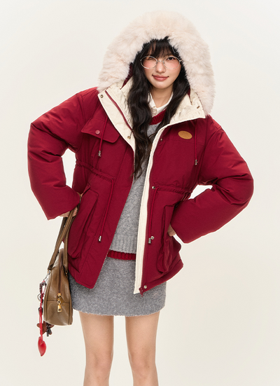 Big Fur Hood Waist Drawstring Warm Jacket NTO0157