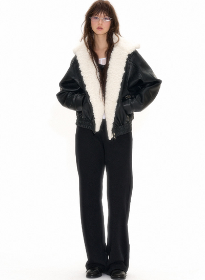 Leather jacket with removable fur collar NEC0104