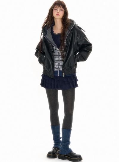 Leather jacket with removable fur collar NEC0104