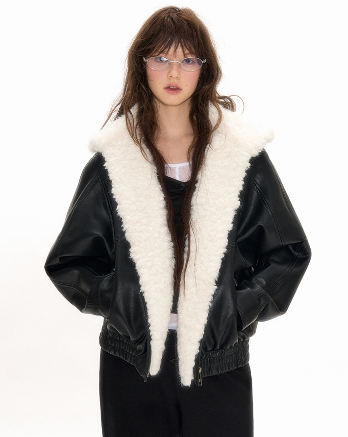 Leather jacket with removable fur collar NEC0104