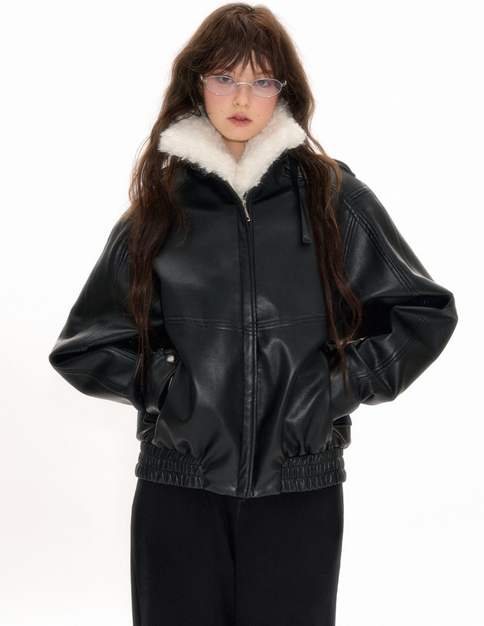 Leather jacket with removable fur collar NEC0104