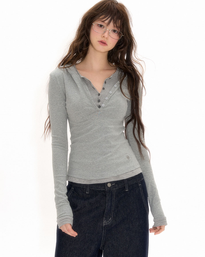 Key Neck Striped Inner Docking Slim Hoodie Top NEC0106