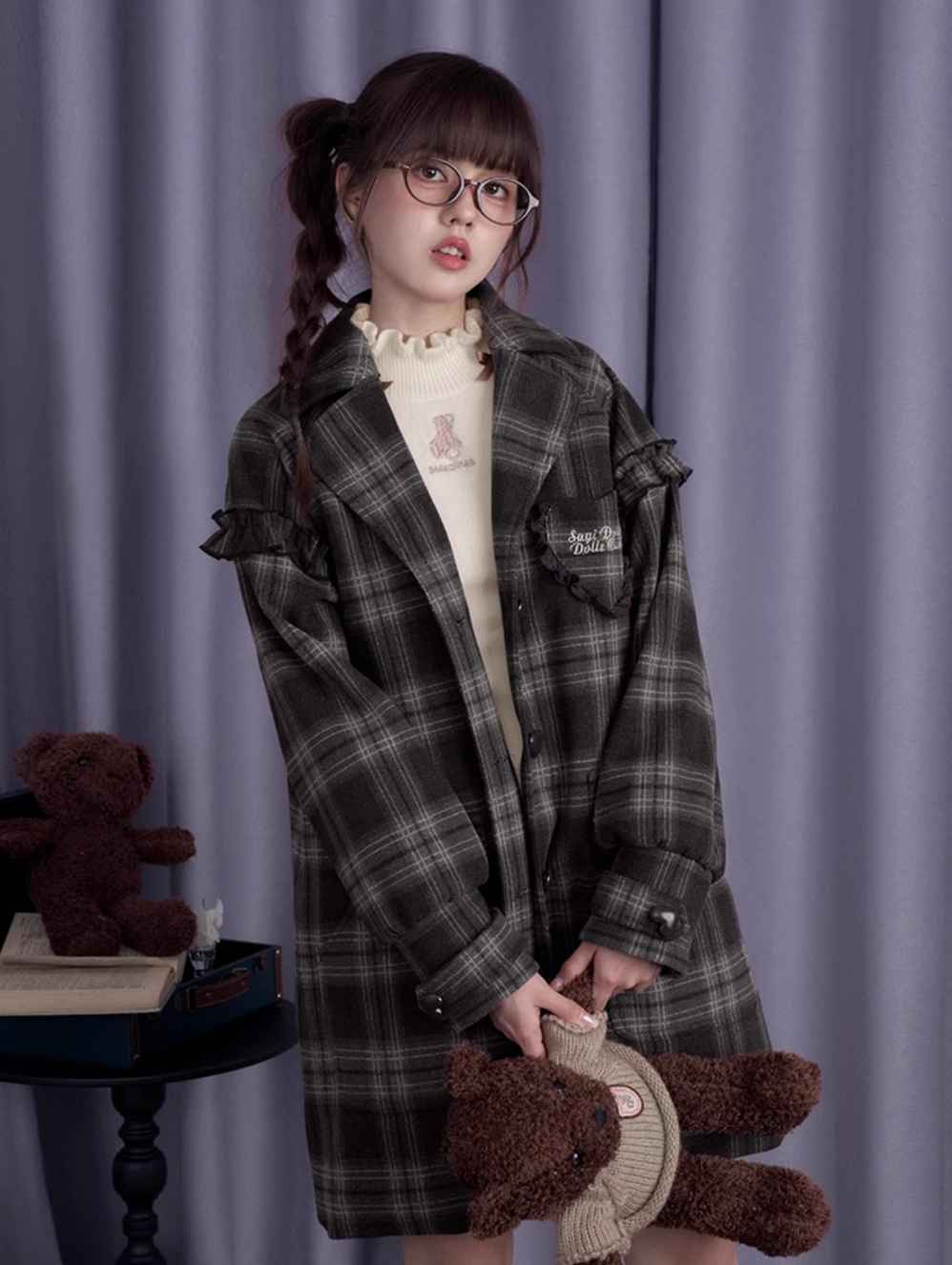 Quilted cotton gray and brown plaid coat SAG0206