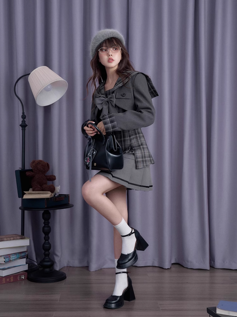 Gray black plaid sailor collar dress SAG0208