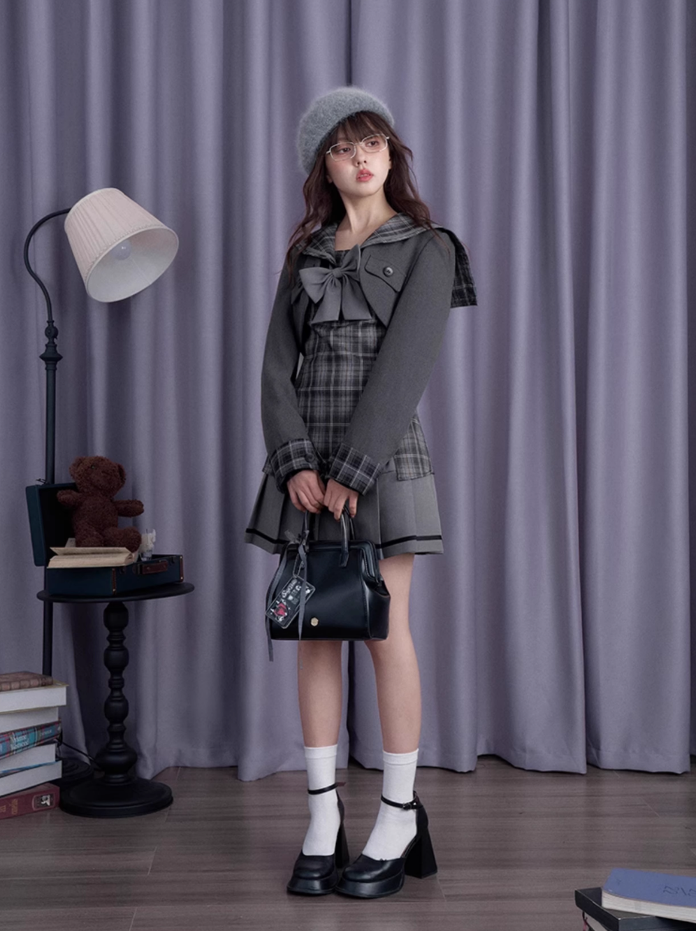 Gray black plaid sailor collar dress SAG0208