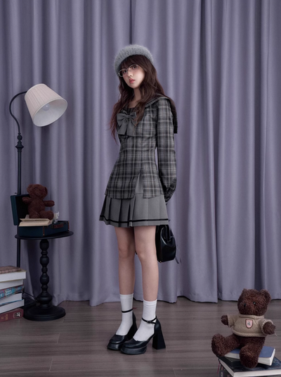 Gray black plaid sailor collar dress SAG0208