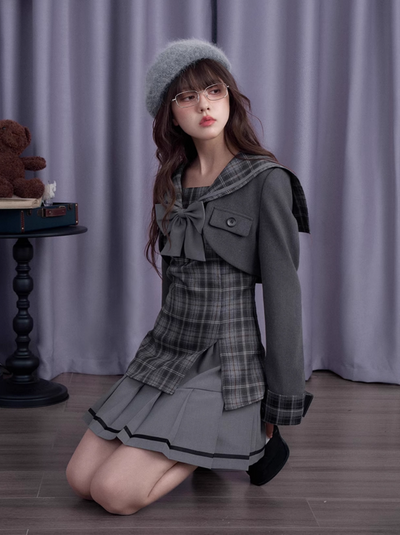 Gray black plaid sailor collar dress SAG0208