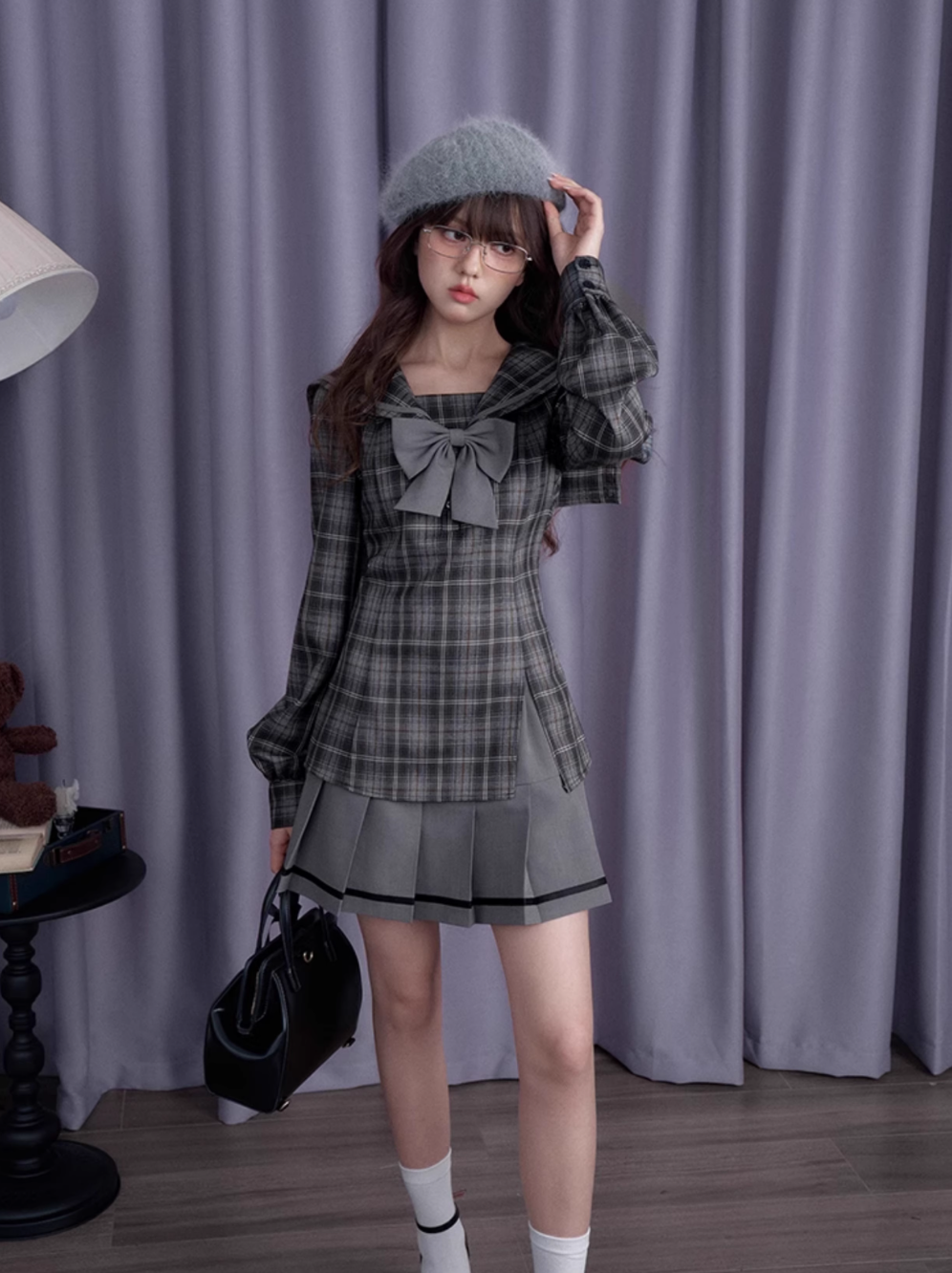 Gray black plaid sailor collar dress SAG0208