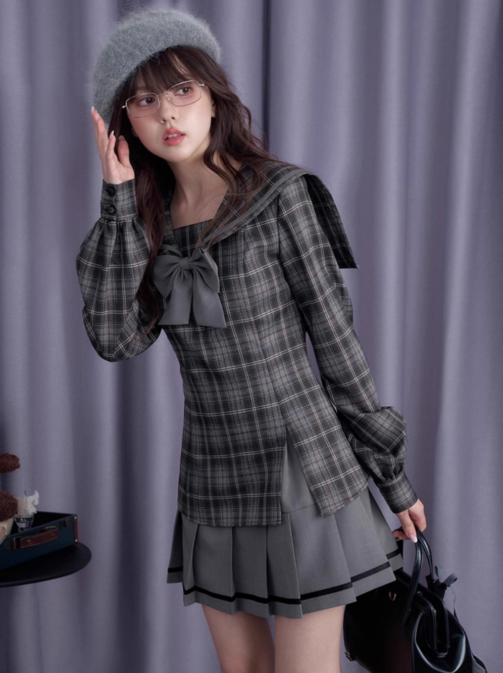 Gray black plaid sailor collar dress SAG0208