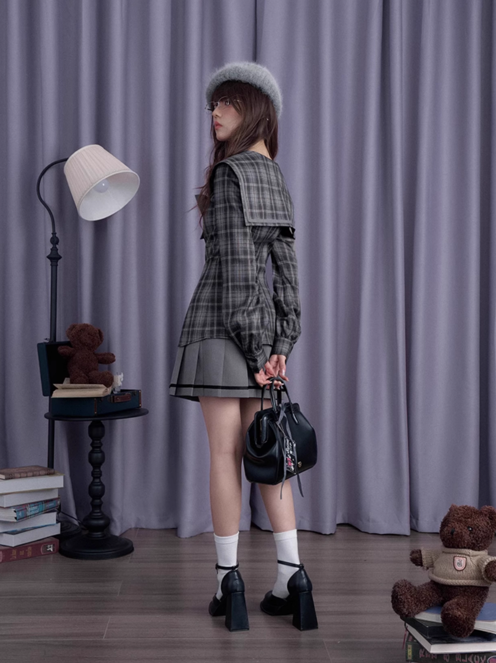 Gray black plaid sailor collar dress SAG0208