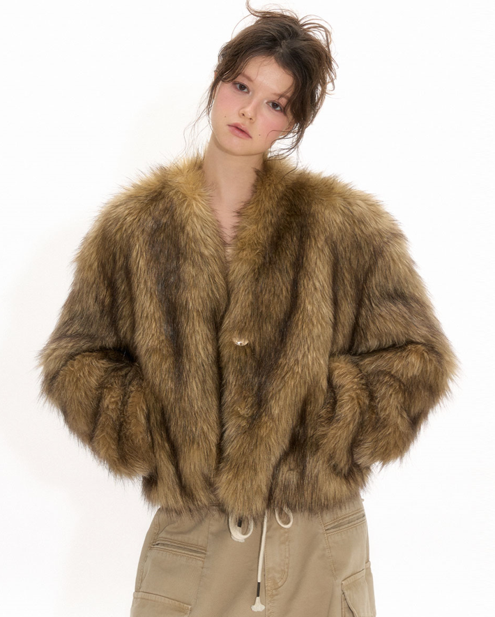 Chocolate colored imitation fox fur short jacket NEC0112