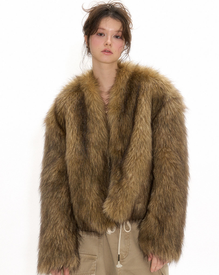 Chocolate colored imitation fox fur short jacket NEC0112