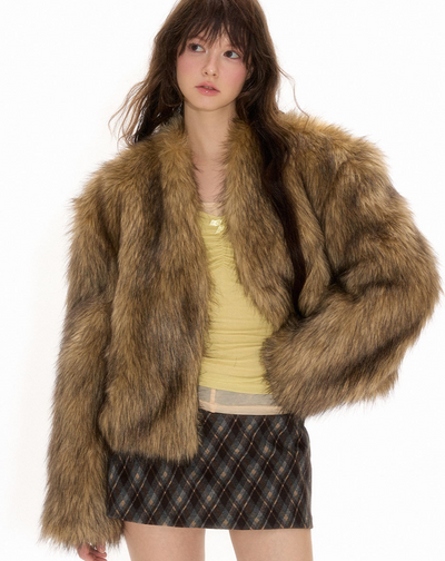 Chocolate colored imitation fox fur short jacket NEC0112