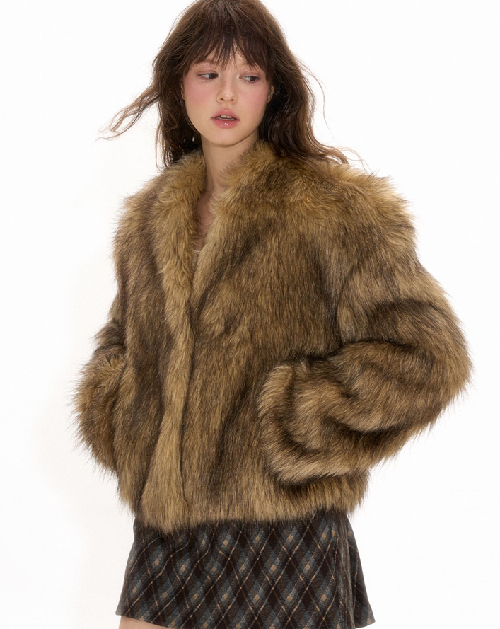 Chocolate colored imitation fox fur short jacket NEC0112