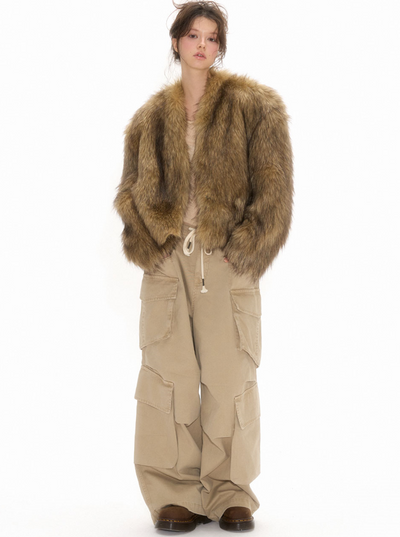 Chocolate colored imitation fox fur short jacket NEC0112