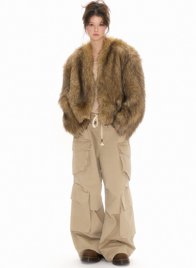 Chocolate colored imitation fox fur short jacket NEC0112