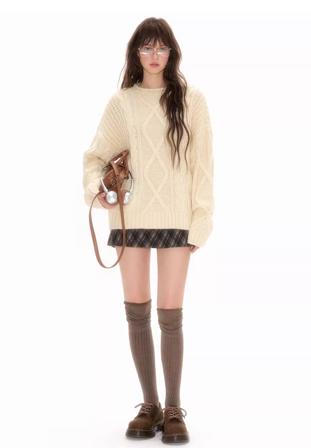 Jacquard design casual cable knit top NEC0115