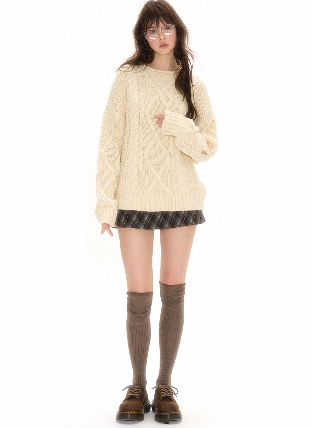 Jacquard design casual cable knit top NEC0115