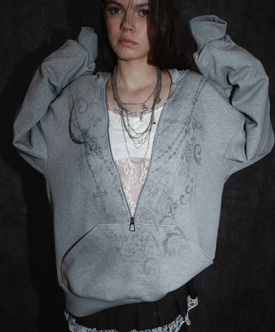 Lace Inner Docking Half Zip Loose Hoodie Top DOU0055