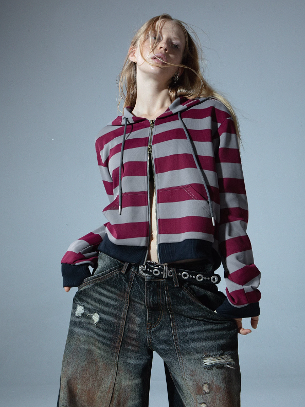 Bold Striped Double Zip Retro Hoodie Top DOU0062