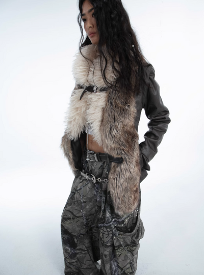 Long eco-fur leather jacket with detachable sleeves DOU0063