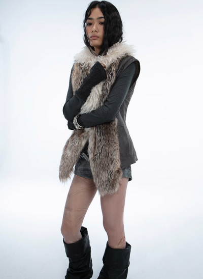 Long eco-fur leather jacket with detachable sleeves DOU0063