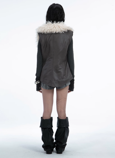 Long eco-fur leather jacket with detachable sleeves DOU0063