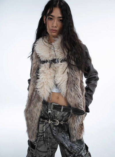 Long eco-fur leather jacket with detachable sleeves DOU0063