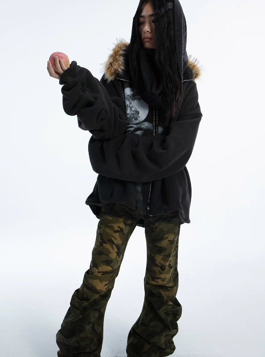 Fur Collar Mysterious Print Oversized Fleece Sweat Jacket DOU0064