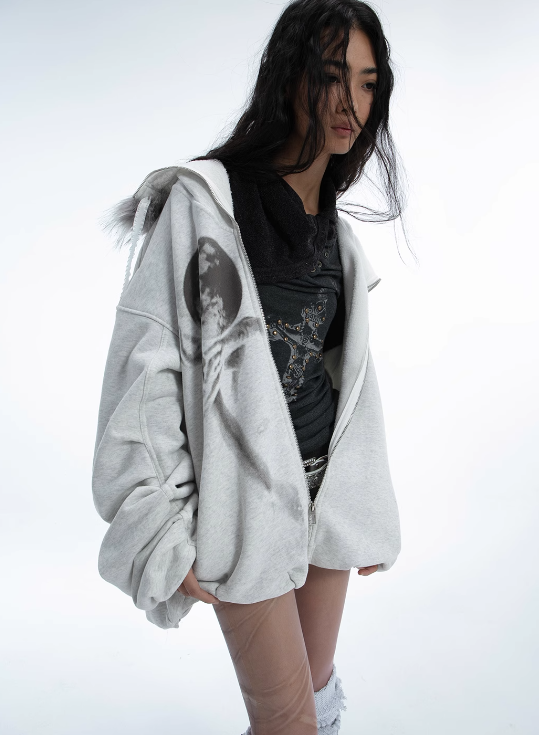 Fur Collar Mysterious Print Oversized Fleece Sweat Jacket DOU0064