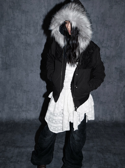 Long Eco Fur Hooded Cotton Warm Jacket with Boa Lining DOU0067