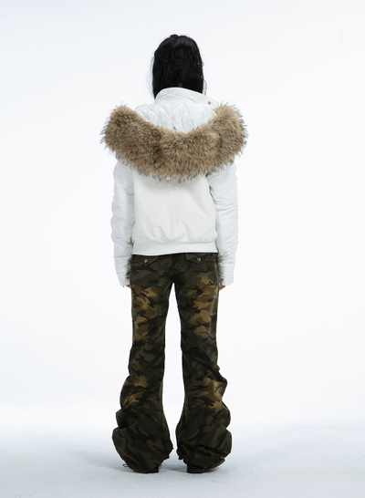 Long Eco Fur Hooded Cotton Warm Jacket with Boa Lining DOU0067