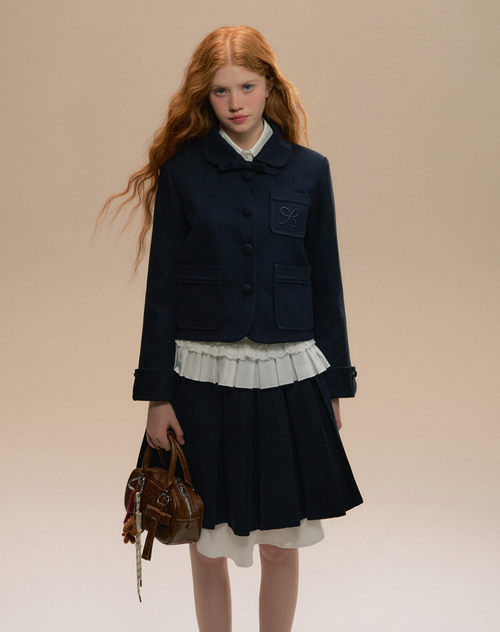 Round Collar College Style Button Jacket & Ruffle Waist Pleated Skirt SUN0087