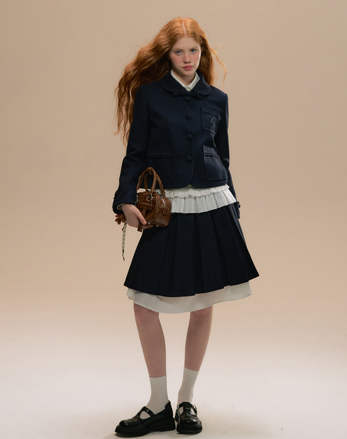 Round Collar College Style Button Jacket & Ruffle Waist Pleated Skirt SUN0087