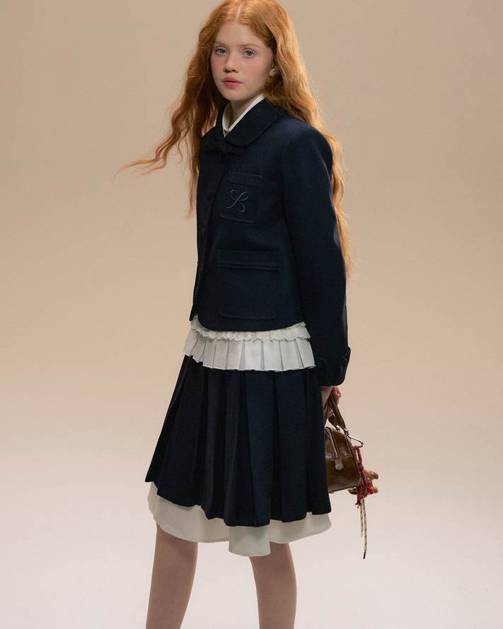 Round Collar College Style Button Jacket & Ruffle Waist Pleated Skirt SUN0087