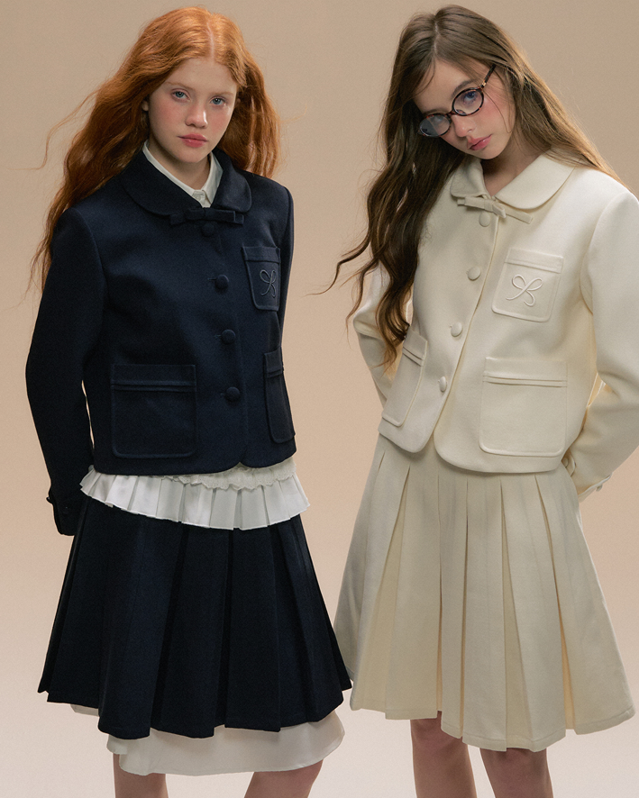 Round Collar College Style Button Jacket & Ruffle Waist Pleated Skirt SUN0087