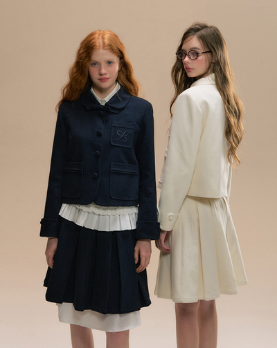 Round Collar College Style Button Jacket & Ruffle Waist Pleated Skirt SUN0087