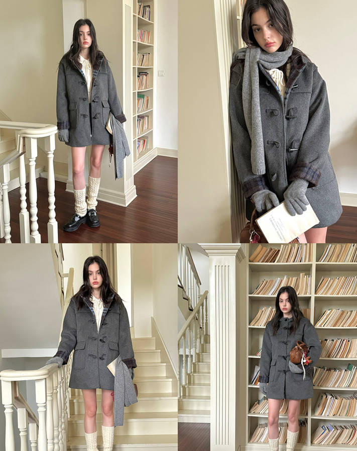 Wool blend duffle coat with check lining design SUN0092