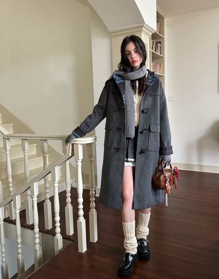 Wool blend duffle coat with check lining design SUN0092