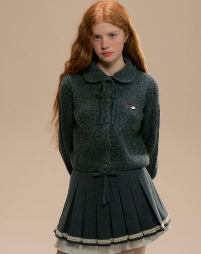 Round ribbon collar wool blend long-sleeved polo top SUN0093