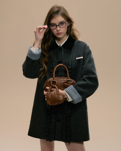 Wool blend ruffle design girly mid-length coat SUN0096