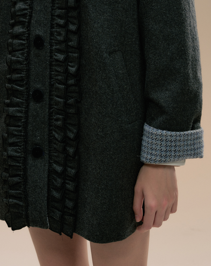 Wool blend ruffle design girly mid-length coat SUN0096