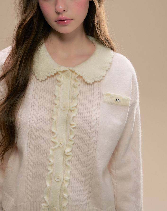 Flower Lace Collar Ruffle & Cable Girly Cardigan SUN0099